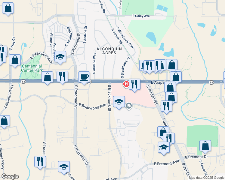map of restaurants, bars, coffee shops, grocery stores, and more near 14000 South Blackhawk Street in Centennial