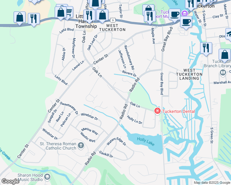 map of restaurants, bars, coffee shops, grocery stores, and more near 179 Oak Lane in Little Egg Harbor Township