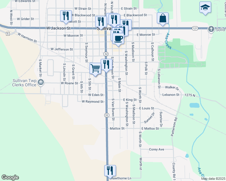 map of restaurants, bars, coffee shops, grocery stores, and more near South Van Buren Street in Sullivan