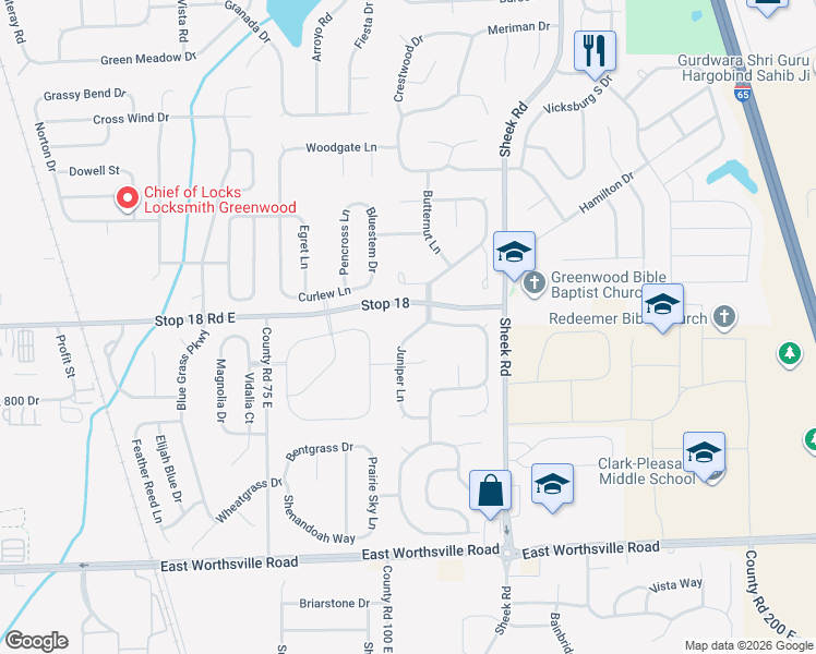 map of restaurants, bars, coffee shops, grocery stores, and more near 1664 Juniper Lane in Greenwood