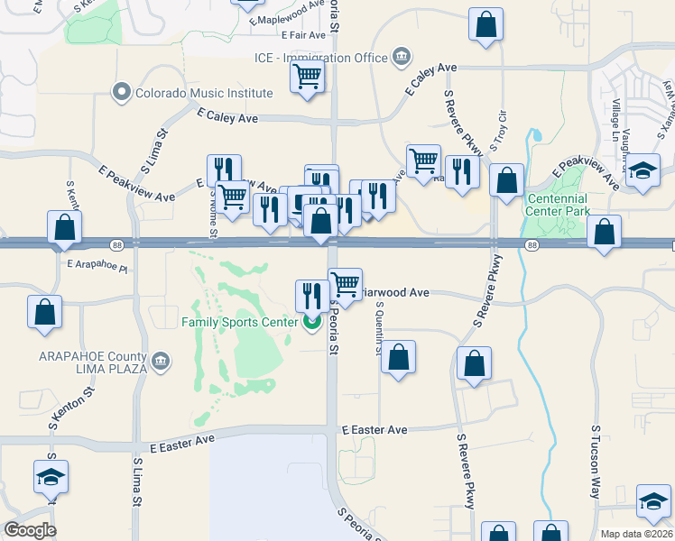 map of restaurants, bars, coffee shops, grocery stores, and more near 6770 South Peoria Street in Englewood