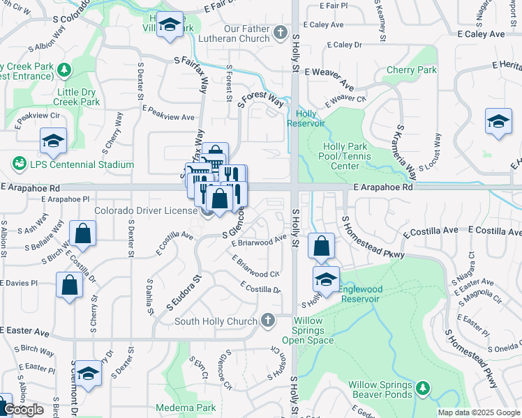 map of restaurants, bars, coffee shops, grocery stores, and more near 6750 South Glencoe Street in Centennial