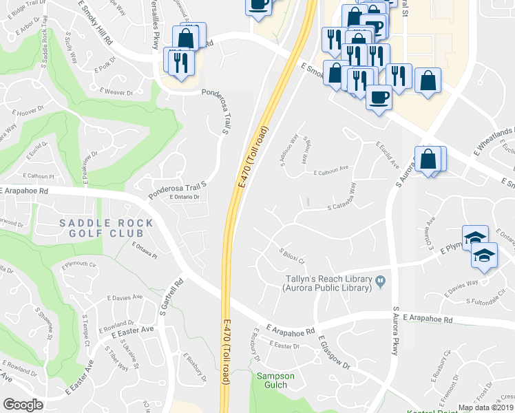 map of restaurants, bars, coffee shops, grocery stores, and more near 23308 East Briarwood Place in Aurora