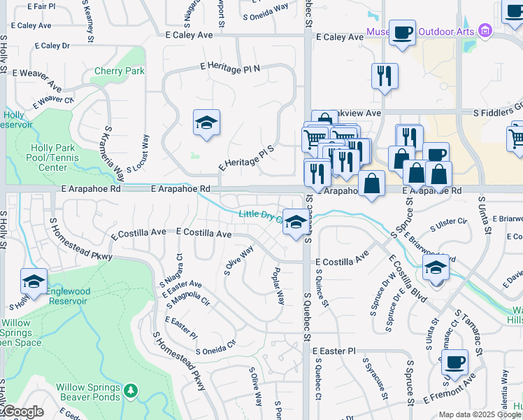 map of restaurants, bars, coffee shops, grocery stores, and more near 7070 East Briarwood Circle in Centennial