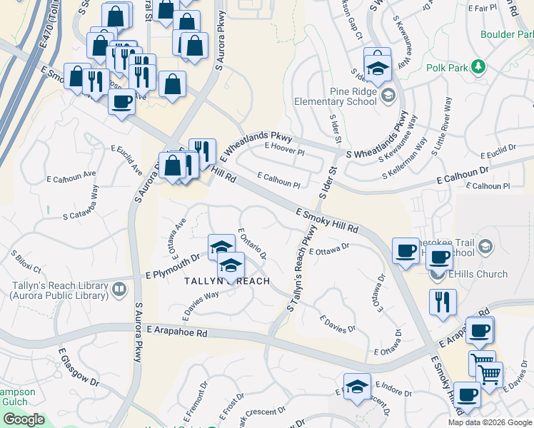 map of restaurants, bars, coffee shops, grocery stores, and more near 24762 East Ontario Drive in Aurora