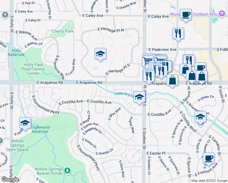 map of restaurants, bars, coffee shops, grocery stores, and more near 6948 East Briarwood Circle in Centennial