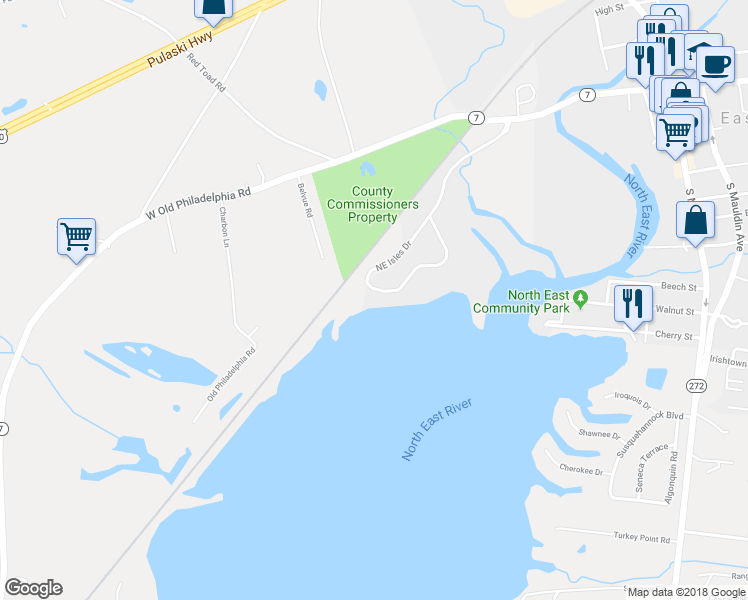 map of restaurants, bars, coffee shops, grocery stores, and more near 31 Northeast Isles Drive in North East