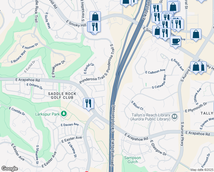 map of restaurants, bars, coffee shops, grocery stores, and more near 6723 South Winnipeg Circle in Aurora