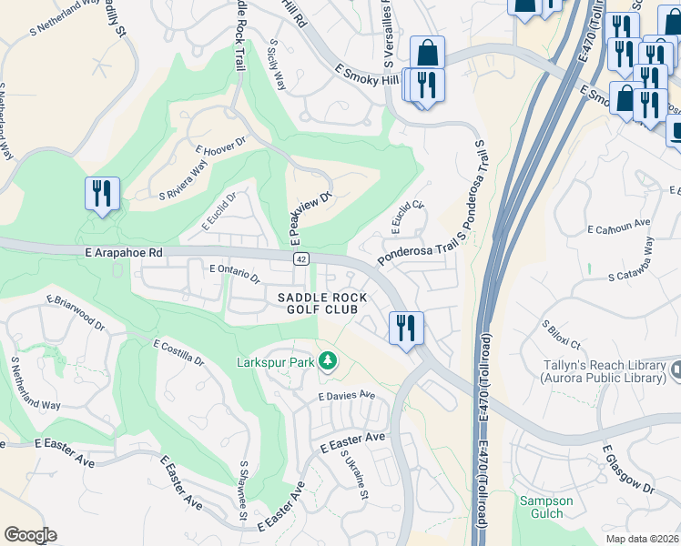 map of restaurants, bars, coffee shops, grocery stores, and more near 22505 East Ontario Drive in Aurora