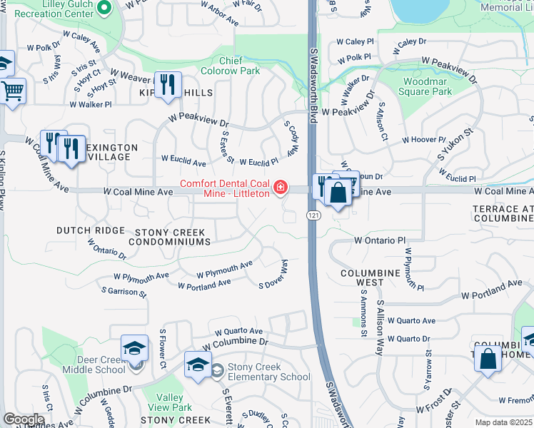 map of restaurants, bars, coffee shops, grocery stores, and more near 8756 West Ottawa Avenue in Littleton