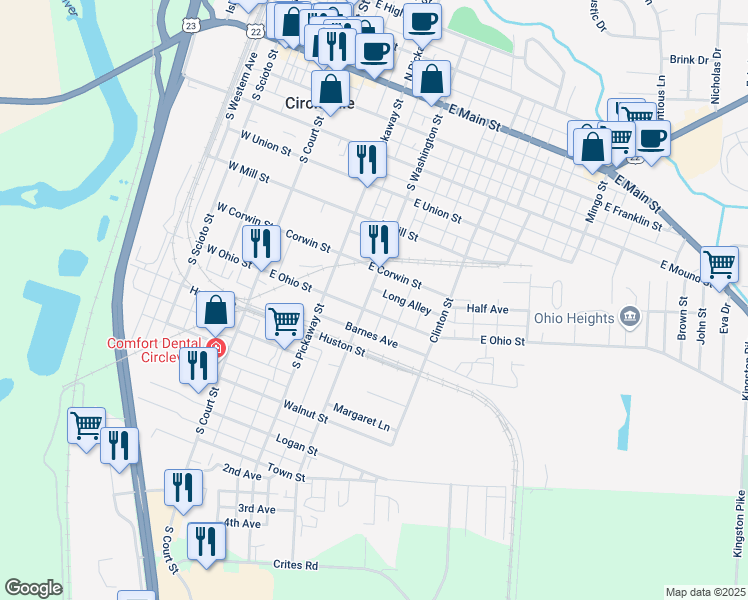map of restaurants, bars, coffee shops, grocery stores, and more near 740 South Washington Street in Circleville