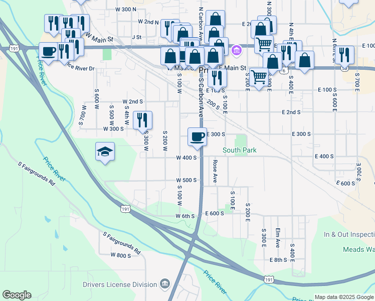 map of restaurants, bars, coffee shops, grocery stores, and more near 373 South 100 West in Price