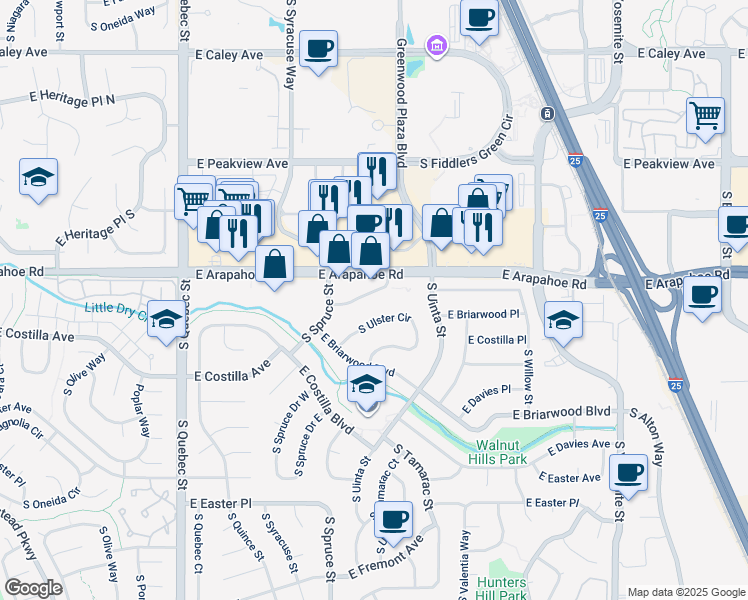 map of restaurants, bars, coffee shops, grocery stores, and more near 8008 East Arapahoe Court in Centennial