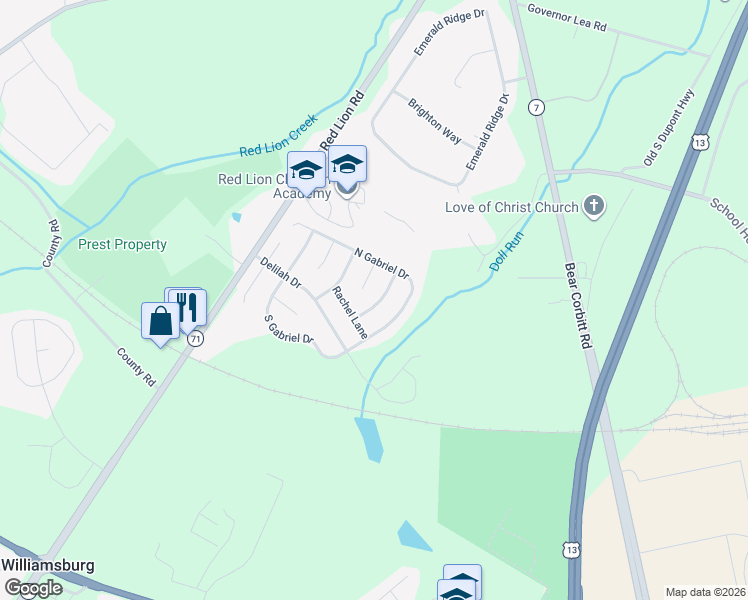 map of restaurants, bars, coffee shops, grocery stores, and more near 206 Corinthian Drive in Bear