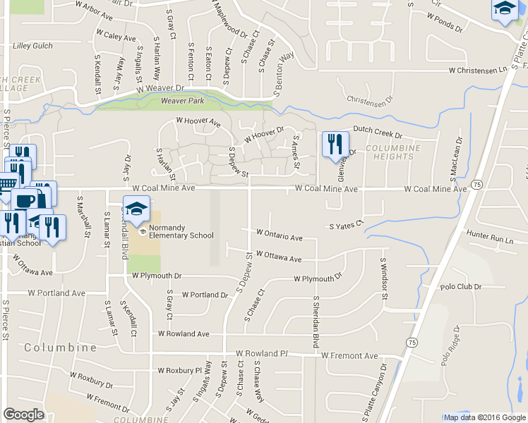 map of restaurants, bars, coffee shops, grocery stores, and more near 6755 West Ontario Circle in Littleton