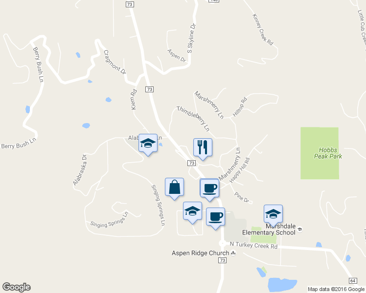 map of restaurants, bars, coffee shops, grocery stores, and more near 27496 Spruce Lane in Evergreen