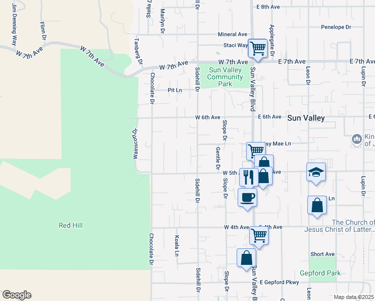 map of restaurants, bars, coffee shops, grocery stores, and more near 5531 Sidehill Drive in Sun Valley