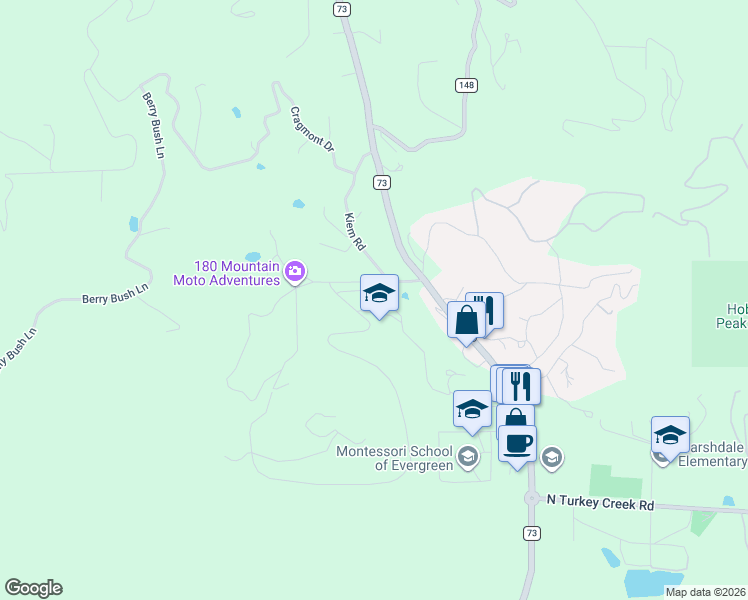 map of restaurants, bars, coffee shops, grocery stores, and more near 27826 Alabraska Lane in Evergreen
