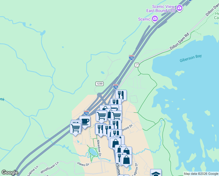 map of restaurants, bars, coffee shops, grocery stores, and more near 1131 Dillon Dam Road in Breckenridge