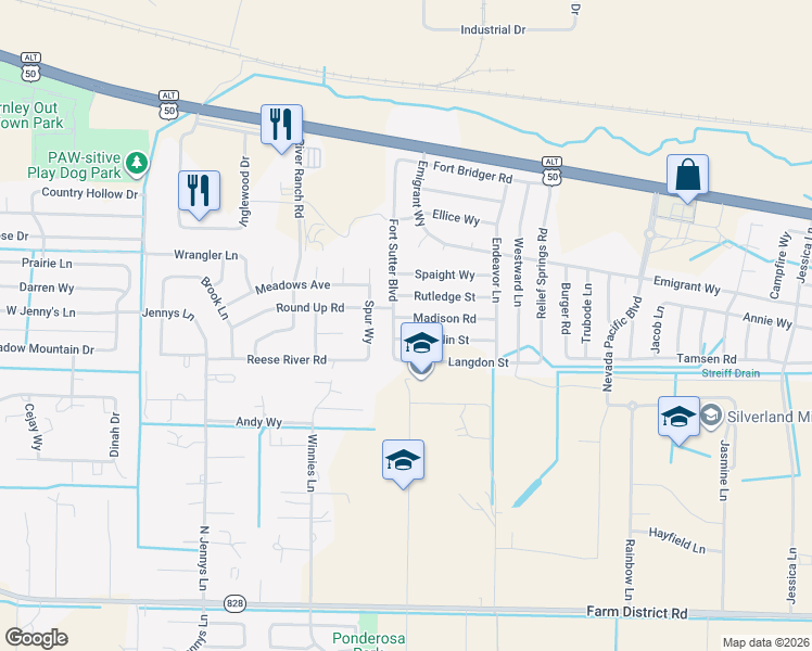 map of restaurants, bars, coffee shops, grocery stores, and more near 577 Spur Way in Fernley