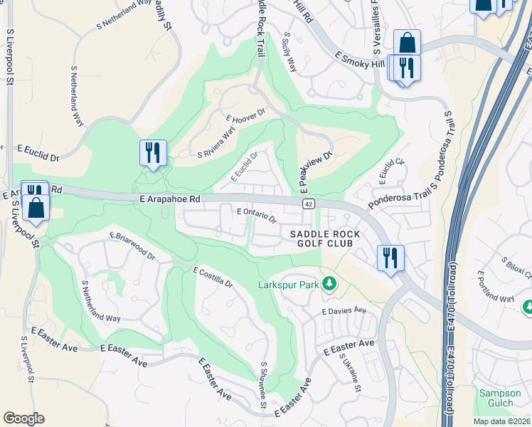 map of restaurants, bars, coffee shops, grocery stores, and more near 22151 East Ottawa Drive in Aurora