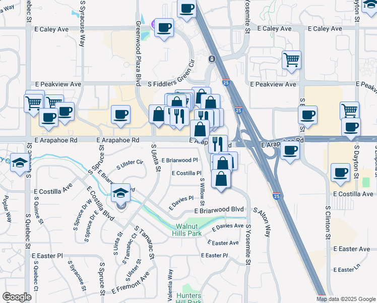 map of restaurants, bars, coffee shops, grocery stores, and more near 8503 East Briarwood Place in Centennial