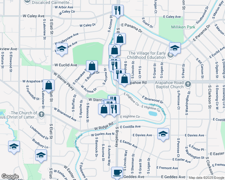 map of restaurants, bars, coffee shops, grocery stores, and more near 6767 South Broadway in Littleton