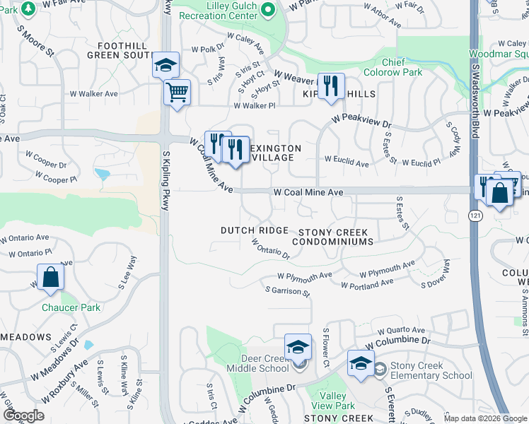 map of restaurants, bars, coffee shops, grocery stores, and more near 6820 South Holland Way in Littleton