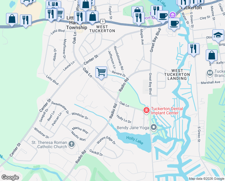 map of restaurants, bars, coffee shops, grocery stores, and more near 179 Oak Lane in Little Egg Harbor Township