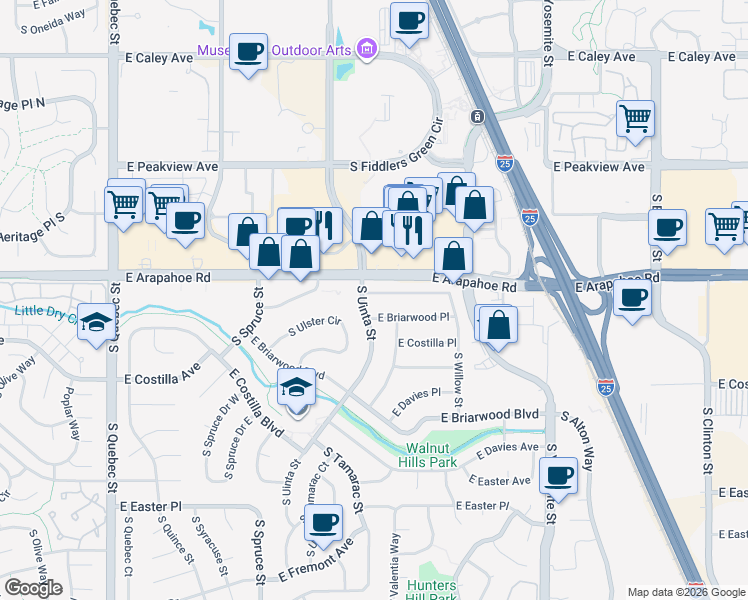map of restaurants, bars, coffee shops, grocery stores, and more near 8230 East Briarwood Avenue in Centennial