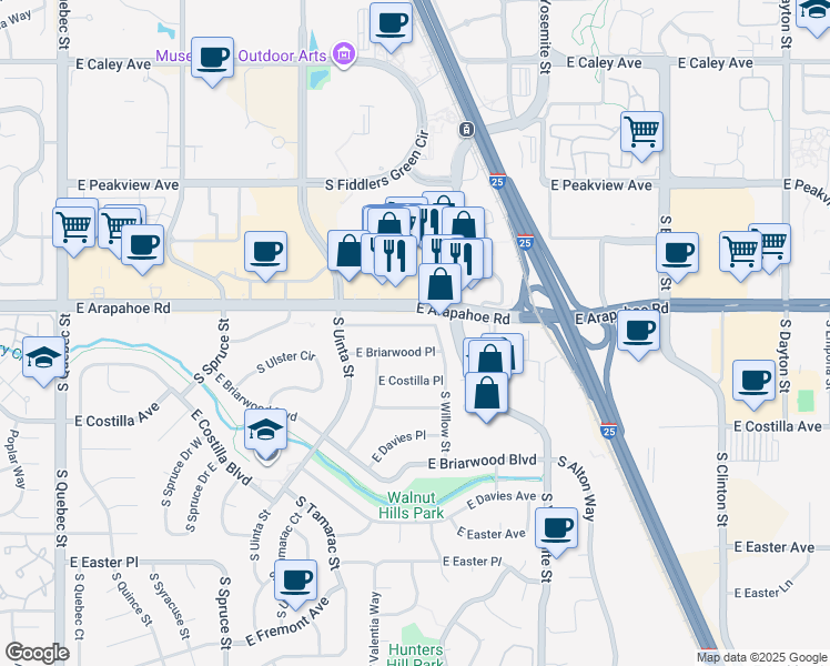 map of restaurants, bars, coffee shops, grocery stores, and more near 8503 East Briarwood Place in Centennial
