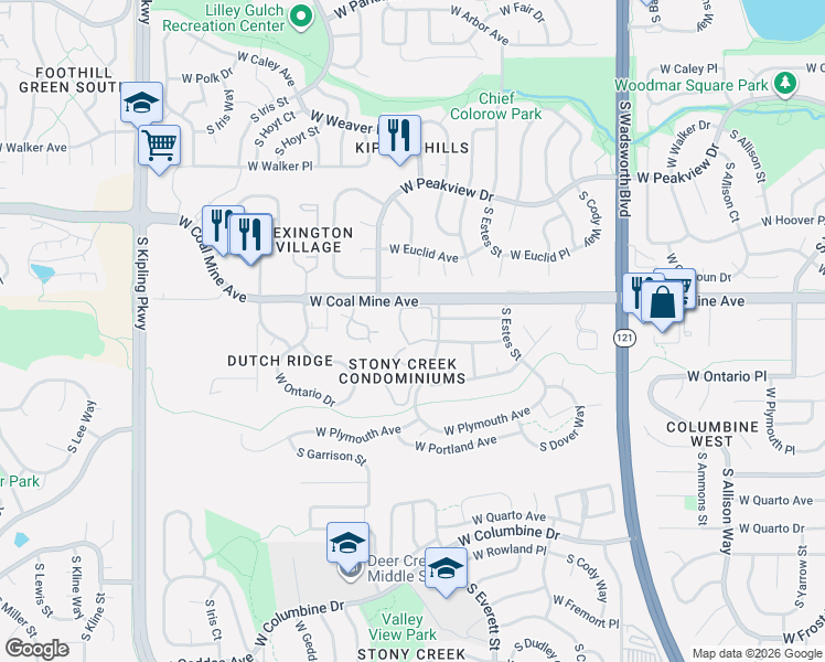 map of restaurants, bars, coffee shops, grocery stores, and more near 6755 South Field Street in Littleton