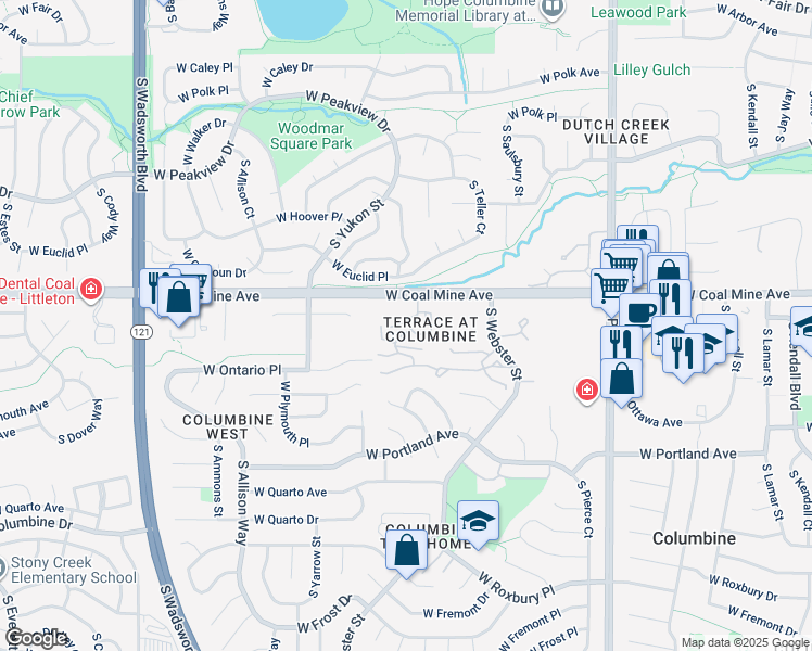map of restaurants, bars, coffee shops, grocery stores, and more near 7410 West Coal Mine Avenue in Littleton