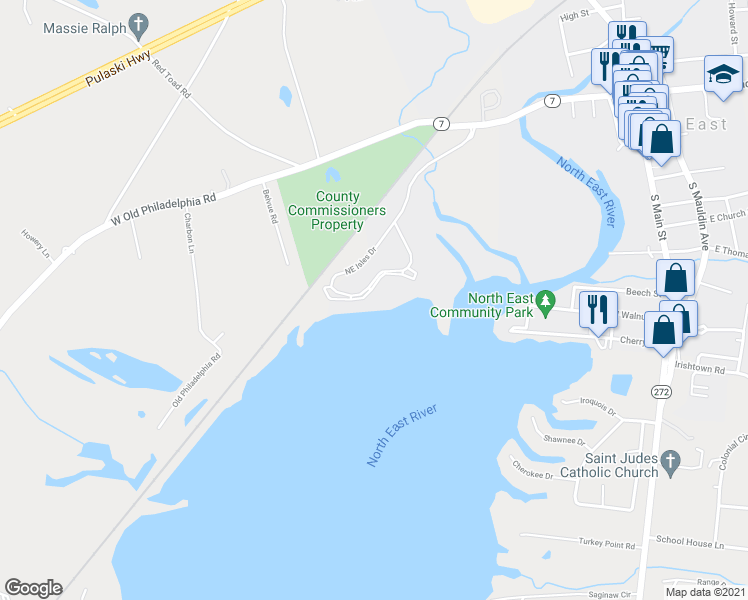 map of restaurants, bars, coffee shops, grocery stores, and more near 54 Northeast Isles Drive in North East