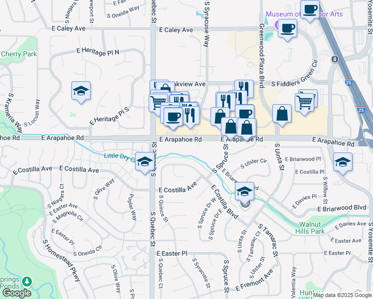 map of restaurants, bars, coffee shops, grocery stores, and more near 7500 East Arapahoe Road in Centennial