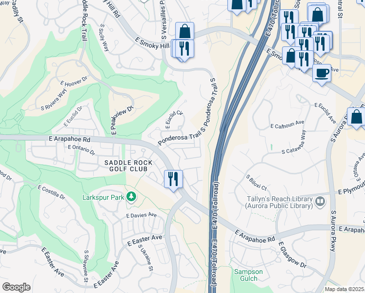 map of restaurants, bars, coffee shops, grocery stores, and more near 6754 South Winnipeg Circle in Aurora