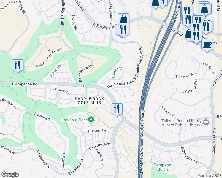 map of restaurants, bars, coffee shops, grocery stores, and more near 6725 South Versailles Way in Aurora