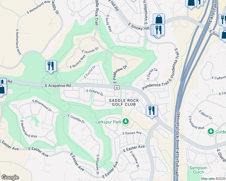 map of restaurants, bars, coffee shops, grocery stores, and more near 6720 South Tempe Court in Aurora