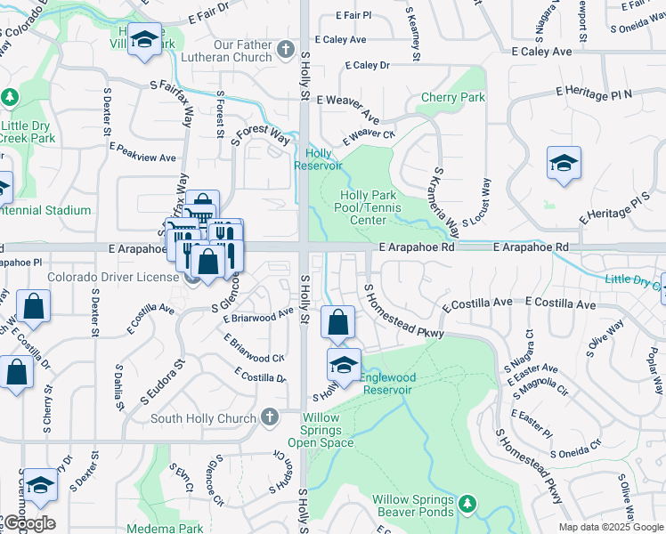map of restaurants, bars, coffee shops, grocery stores, and more near 6761 South Ivy Way in Centennial