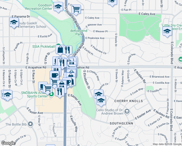 map of restaurants, bars, coffee shops, grocery stores, and more near 6761 South Clayton Way in Centennial