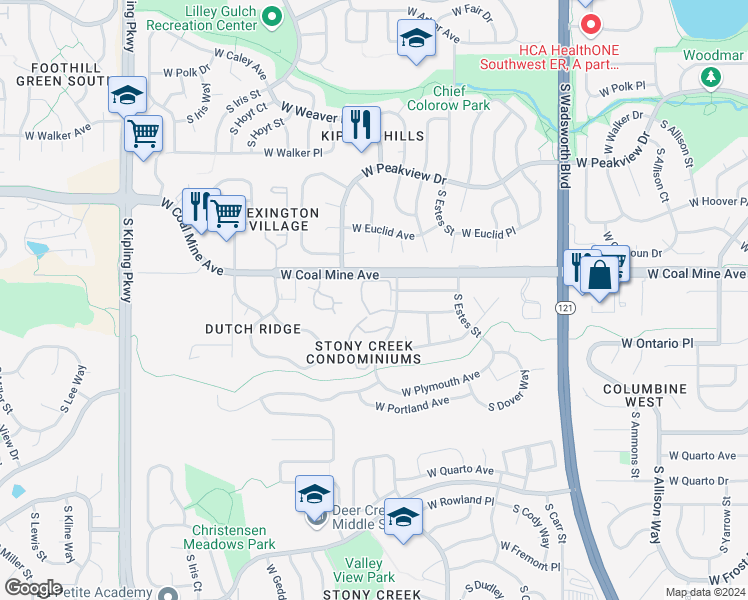 map of restaurants, bars, coffee shops, grocery stores, and more near 6775 South Field Street in Littleton