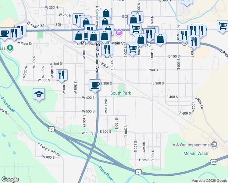 map of restaurants, bars, coffee shops, grocery stores, and more near 75 East 400 South in Price