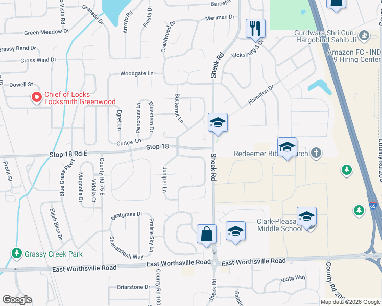 map of restaurants, bars, coffee shops, grocery stores, and more near 1085 Sassafras Trail in Greenwood