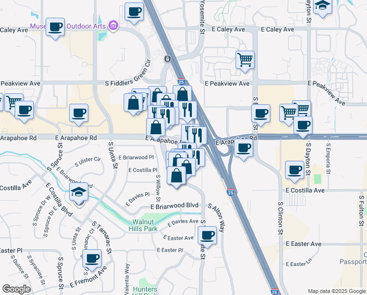 map of restaurants, bars, coffee shops, grocery stores, and more near 8770 East Arapahoe Road in Centennial