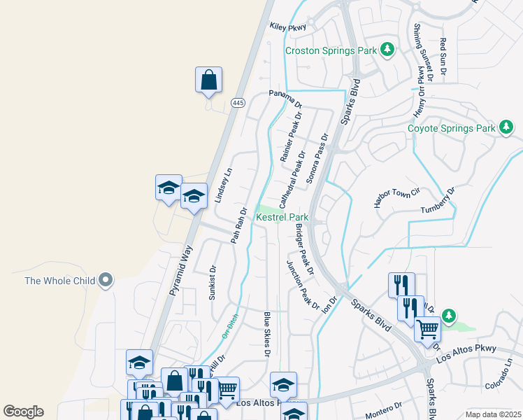 map of restaurants, bars, coffee shops, grocery stores, and more near 5611 Cathedral Peak Drive in Sparks