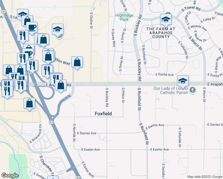 map of restaurants, bars, coffee shops, grocery stores, and more near 6724 South Buckley Road in Foxfield