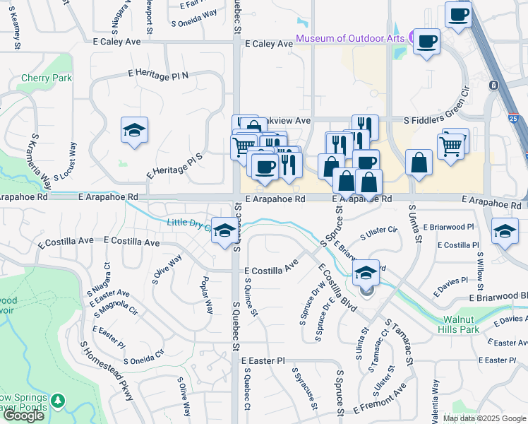 map of restaurants, bars, coffee shops, grocery stores, and more near 7400 East Arapahoe Road in Centennial
