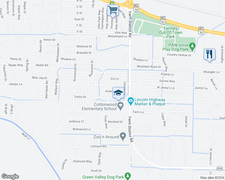 map of restaurants, bars, coffee shops, grocery stores, and more near 1040 Aster Lane in Fernley