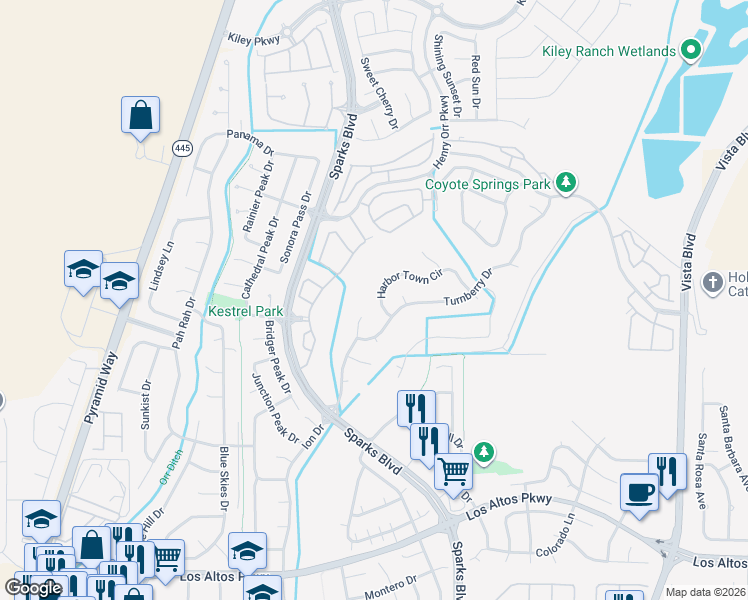 map of restaurants, bars, coffee shops, grocery stores, and more near 1016 Harbor Town Circle in Sparks