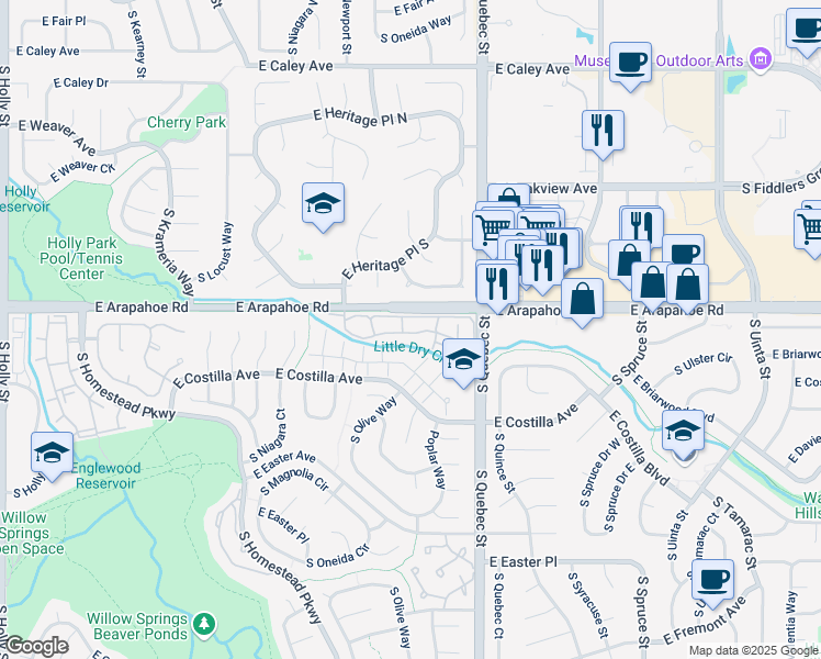 map of restaurants, bars, coffee shops, grocery stores, and more near 7079 East Briarwood Circle in Centennial